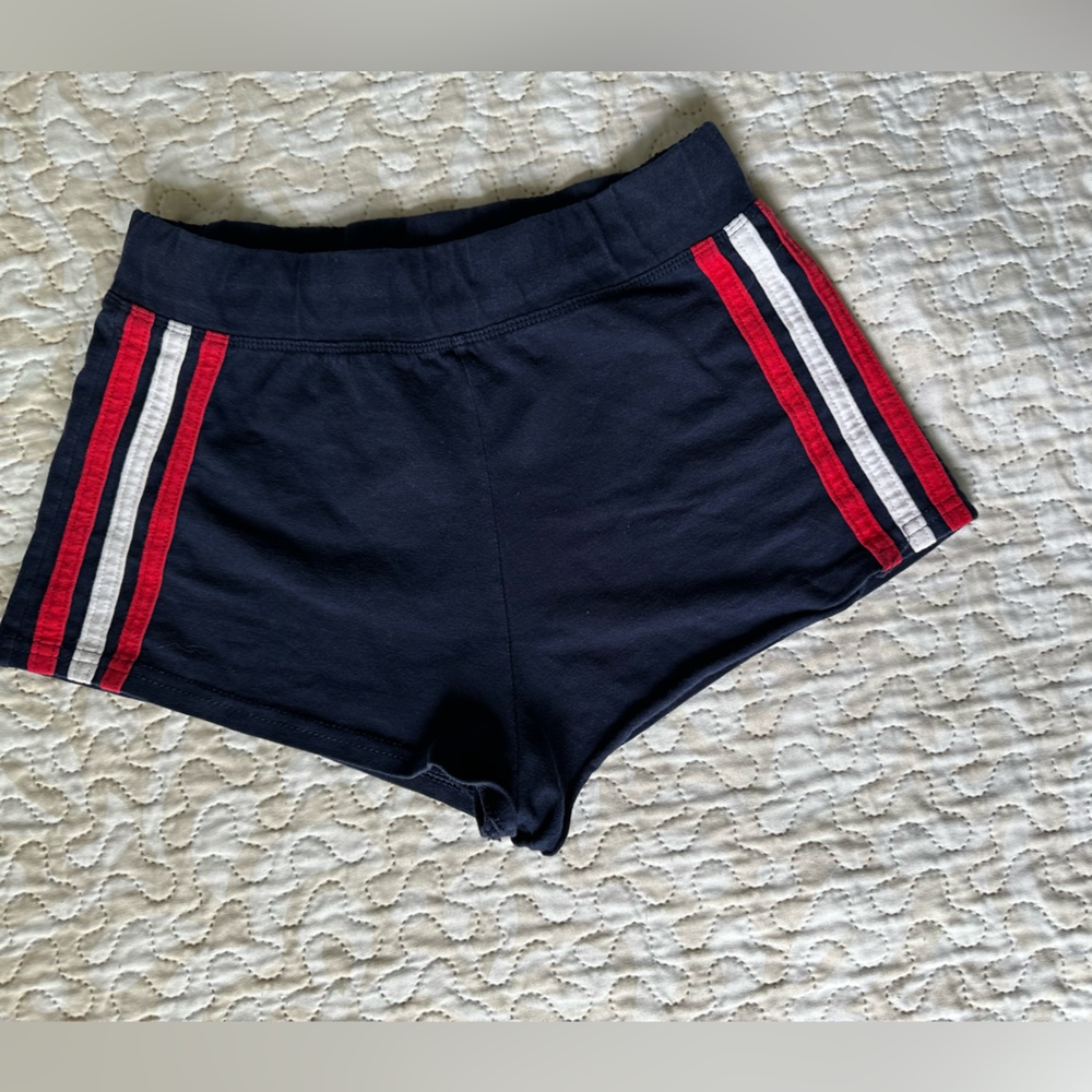 Navy Blue Athletic Shorts with Red and White Stripes